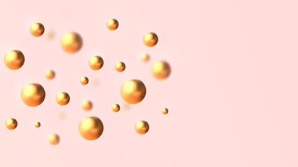 Minimal composition where golden 3d balls soar in space opposite the pink background.