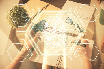 Multi exposure of woman on-line shopping holding a credit card and finger print drawing. Security...