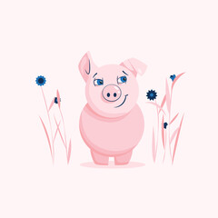 A сute naughty pig grinning at something in the meadow flowers
