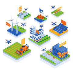 Moder Isometric Innovative drone technology Infographics. Iot smart farming, delivery, trafic, industy, future analysis and technology operations. Vector Isometric Illustration