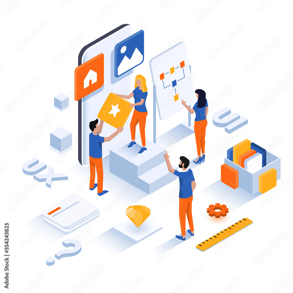 Poster modern flat design isometric illustration of app development and ui design. can be used for website 