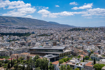 Acropolis museum and Athens cityscape aerial birds eye view, Athens, Greece