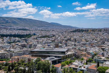 Obraz premium Acropolis museum and Athens cityscape aerial birds eye view, Athens, Greece