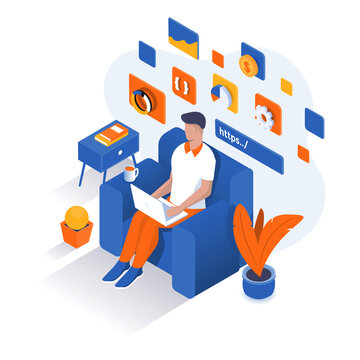 Flat isometric Work online concept, Man Working at Home Office. Character Sitting in the Room, Looking at Computer Screen and Talking with Colleagues Online. Home Office Concept. Vector illustration