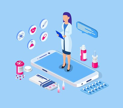 Isometric online doctor consultation, healthcare, medical concept. Web design vector template. Online medical support. Healthcare services, Vector illustration in flat style