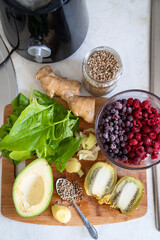 ingredients for smoothies on a wooden Board. healthy food. sports nutrition.