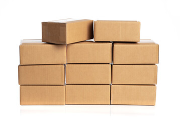 Stack of cardboard boxes for delivery or moving isolated on white