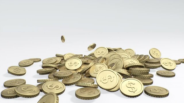 Many golden dollar coin falling on white background. Rain from the golden coins.