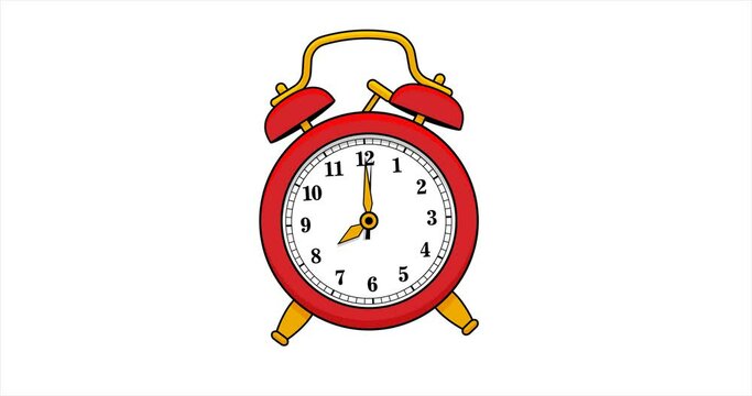Animation of ringing red cartoon vintage alarm clock at eight hours wake up. 4K vector video motion clip