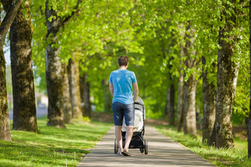Young father pushing white baby stroller and slowly walking through alley of green trees in warm,...