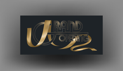 Grand opening invitation card with logo and realistic gold ribbon. Vector illustration