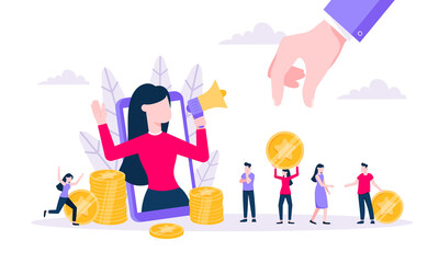 Loyalty program flat style design vector illustration concept. Woman with megaphone loud speaker standing up in the smartphone and shout out to the people. Refer a friend program.