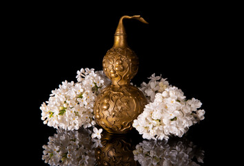 Bronze Chinese health symbol pumpkin Wu Lou on a black background with reflection