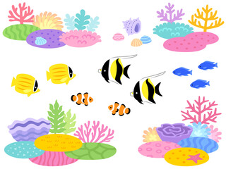 サンゴ礁と熱帯魚のイラストセット