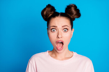 Closeup photo of attractive pretty crazy frightened expression lady two buns terrified fear eyes...