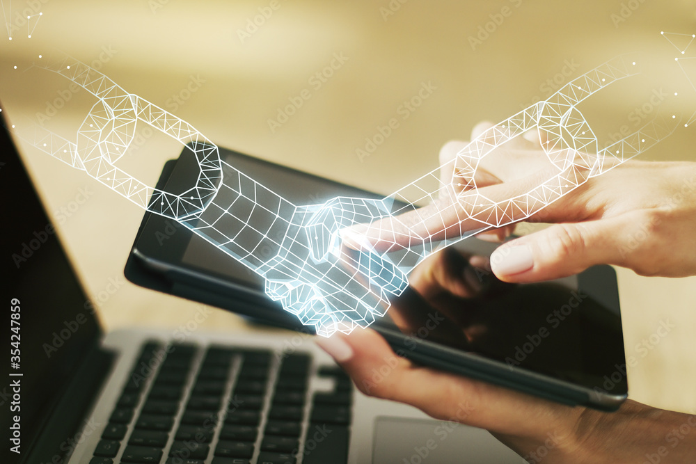 Poster creative concept of blockchain technology with handshake and finger clicks on a digital tablet on ba