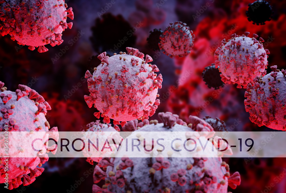 Poster microscope close-up of the coronavirus covid-19 disease. 2019-ncov spreading in body. 3d rendering o
