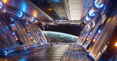 Orange and blue futuristic spaceship interior with window view on planet Earth 3d rendering © sdecoret
