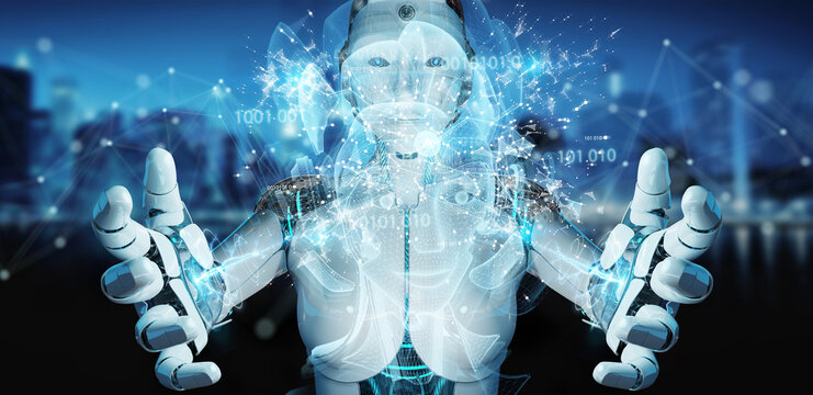 Cyborg using digital artificial intelligence holographic projection 3D rendering