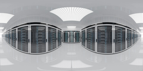 High resolution HDRI panoramic view of a server data room center. 360 panorama reflection mapping of a computer storage system interior. 3D rendering