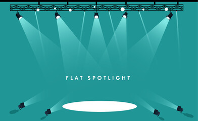Flat Vector stage with set of spotlights. Blue stage. Vector illustration - obrazy, fototapety, plakaty