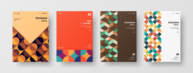 Fototapeta premium Company identity brochure template collection. Business presentation vector A4 vertical orientation front page mock up set. Corporate report cover abstract geometric illustration design layout bundle.