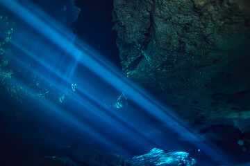 underwater landscape mexico, cenotes diving rays of light under water, cave diving background