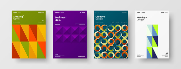 Fototapeta premium Company identity brochure template collection. Business presentation vector A4 vertical orientation front page mock up set. Corporate report cover abstract geometric illustration design layout bundle.
