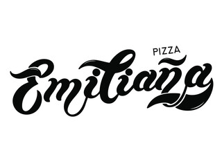Pizza Emiliana. The name of the type of Pizza in Italian. Hand drawn lettering. Illustration is great for restaurant or cafe menu design.