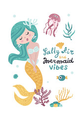 Childish poster with mermaid, starfish, seaweed and coral