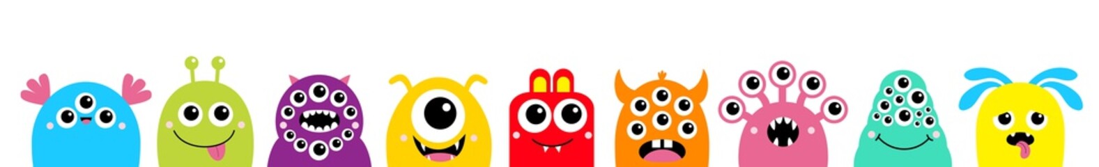 Happy Halloween. Monster face head set line. Cute kawaii cartoon colorful funny character icon. Funny baby collection. Eyes, horns, tongue, hands, fang teeth. White background Flat design.