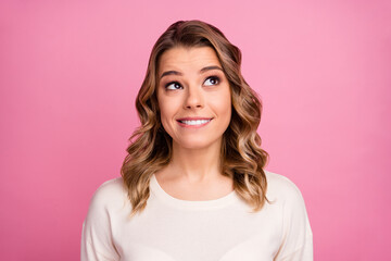 Fototapeta premium Close-up portrait of her she nice-looking attractive lovely charming cheerful cheery wavy-haired girl thinking creating new strategy isolated over pink pastel color background