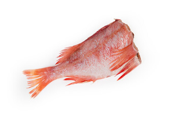 Raw headless gutted carcass of redfish on a white background
