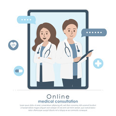 Tablet screen of doctor with stethoscope, patient medical records and health icons. Online doctor, medical consultation and healthcare concept. Flat vector illustration. Copy space for text.