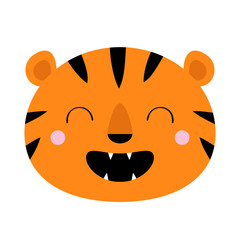 Tiger roaring yawing face icon. Cute cartoon kawaii funny baby animal character. Open mouth fang. Childish print for nursery, kids apparel, poster. Jungle cat roar. Flat design. White background
