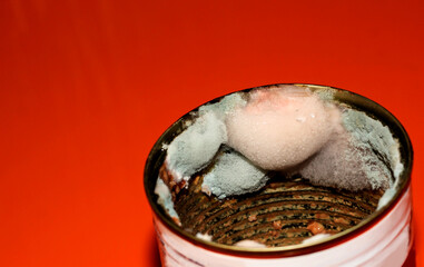 Mold in the food jar. Spoiled food. Toxic canned food.