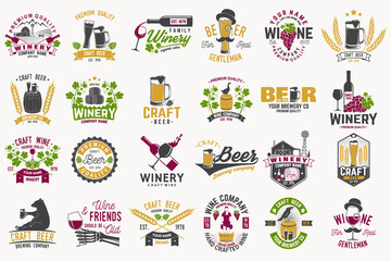 Set of Craft Beer and wine company badges with hops, raven and bear. Vector. Vintage design for winery company, bar, pub and restaurant business. Coaster for beer or wine glasses.