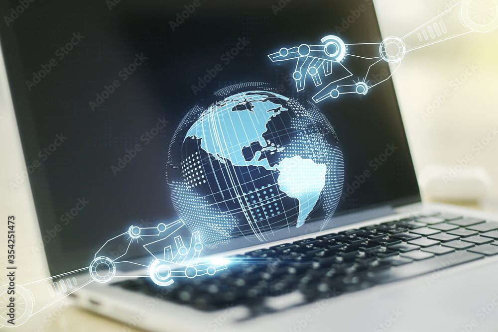 Poster double exposure of robotics technology with world map hologram on laptop background. research and de