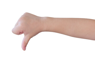 child hand shows thumb down isolated on white background, with clipping path.