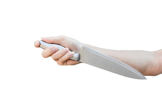 hand holding stainless knife isolated on white background with clipping path.