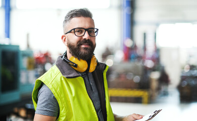Technician or engineer with protective headphones standing in industrial factory.