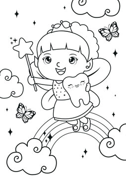 Tooth girl fairy coloring pages. Kids coloring book. Worksheet for children.