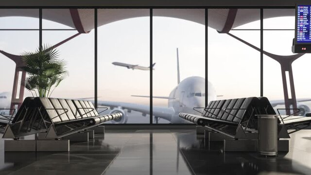 Waiting room in airport terminal. Airplane takes off outside the window of the airport terminal. Empty waiting room at the airport. 3d render