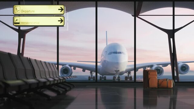Airport terminal with chairs in waiting departure area. Airplane outside windows the airport terminal. 3d visualization