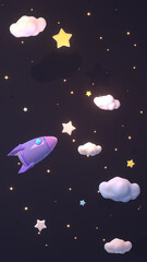 Cartoon Space travel. 3d rendering picture. (Vertical)