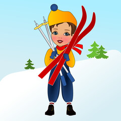 emoji with boy skier with skis and ski poles or sticks that is wearing a winter sports hat, colored emoticon