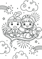 Arabian prince and princess on magic carpet coloring pages. Kids coloring book. Worksheet for children.