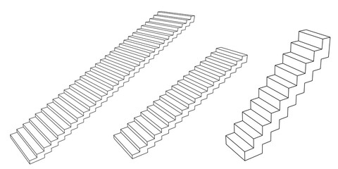 Stairway set. 3d Vector outline illustration. Isolated on white background.