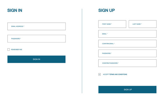Log in and registration form. Template for sign in and sign up. Blank editable fields for members. New and existing user mockup form. Email, password and first name box. Checkmark for terms.
