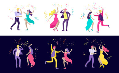 Group of smiling young people or students in evening dresses and tuxedos, happy Jumping and dansing. Prom party, prom night invitation, promenade school dance concept. Vector © merfin